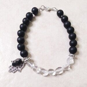 Positivity - Faith - Blessings! Hamsa Hand + Quartz - Black Stone Bracelet